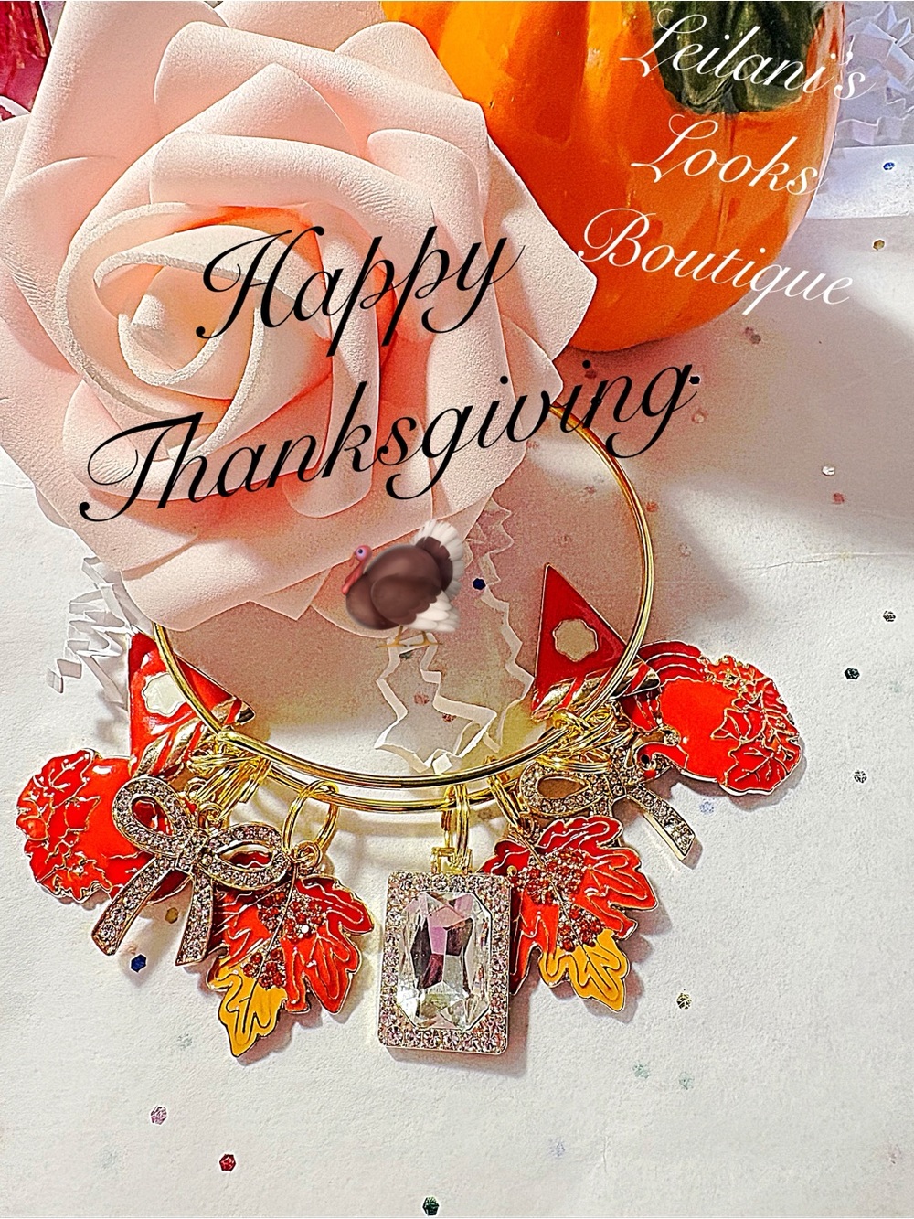 Gold Bracelet with Red Autumn Leaf Charms/thanksgiving/turkey time/pumpkin pie/